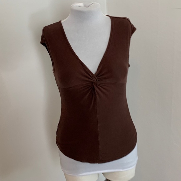 VTG Lipsy chocolate Brown Y2k 2000s Soft Cap Sleeve Top Twist Front sexy thin - Picture 7 of 11